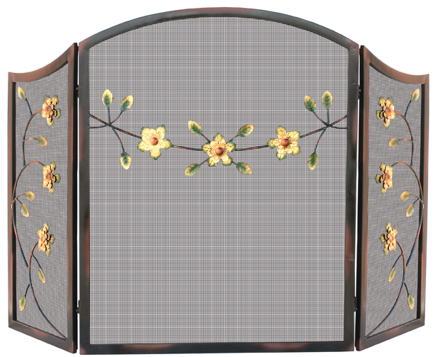 UniFlame Burnished Bronze 3 Fold Screen with Decorative Flowers - Uniflame