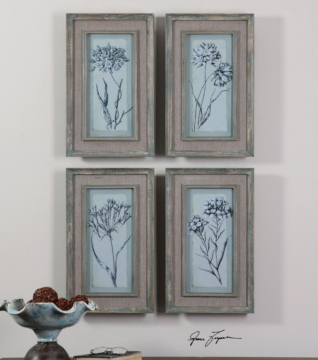 Uttermost Aqua Flowers Framed Art - Set of 4 UTTERMOST-51091 at ...