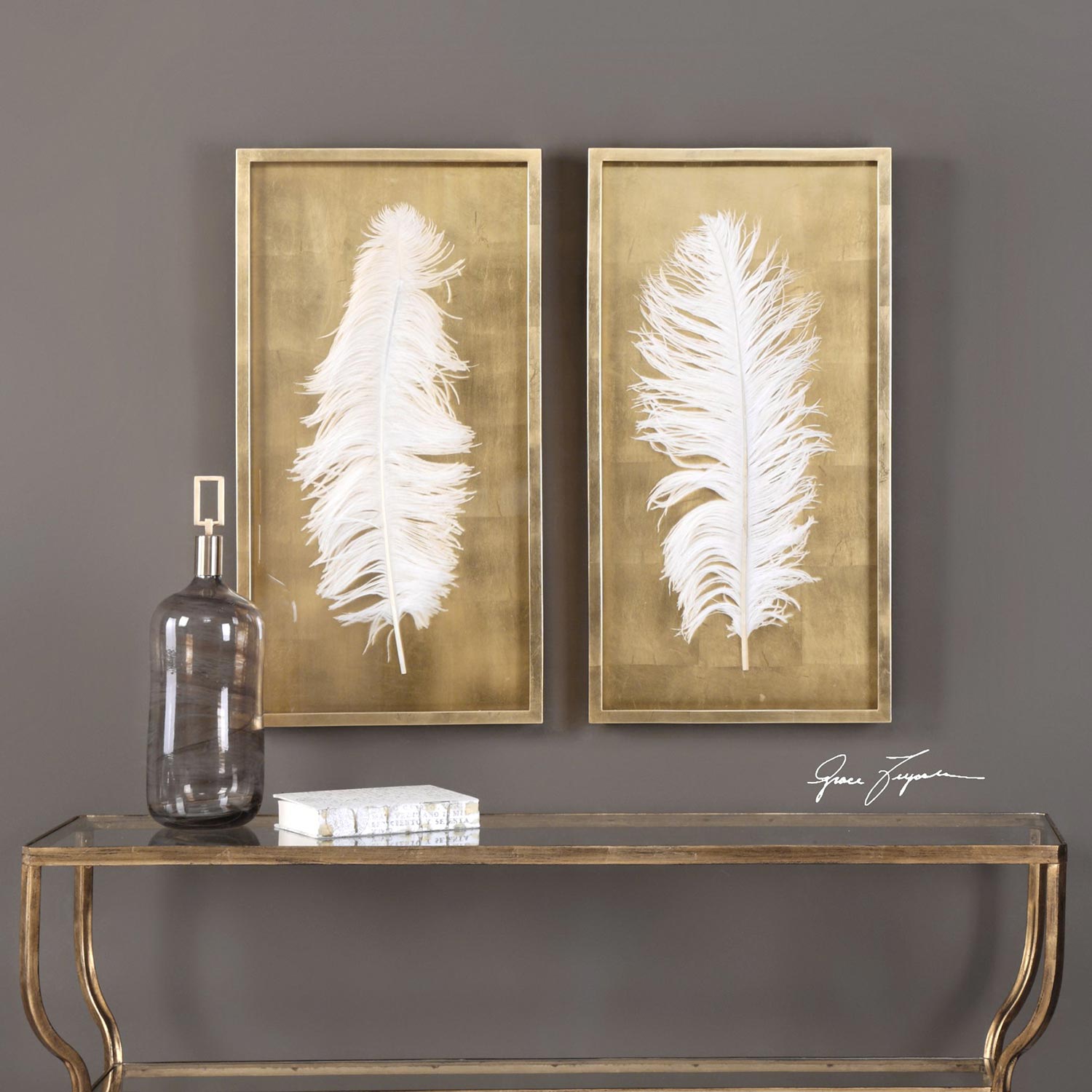 Uttermost White Feathers Gold Shadow Box - Set of 2