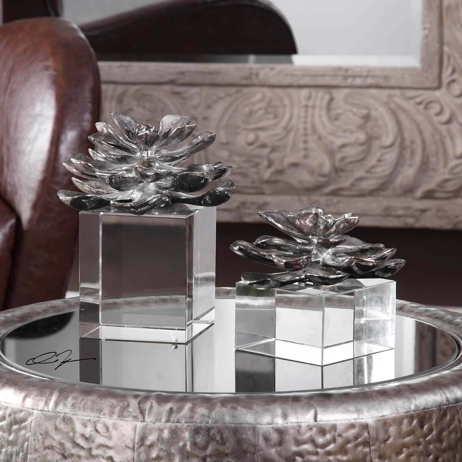 Uttermost Indian Lotus Metallic Silver Flowers - Set of 2