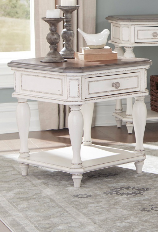 Willowick End Table with Functional Drawer - Antique White Rub-Through/Brown Cherry Tops
