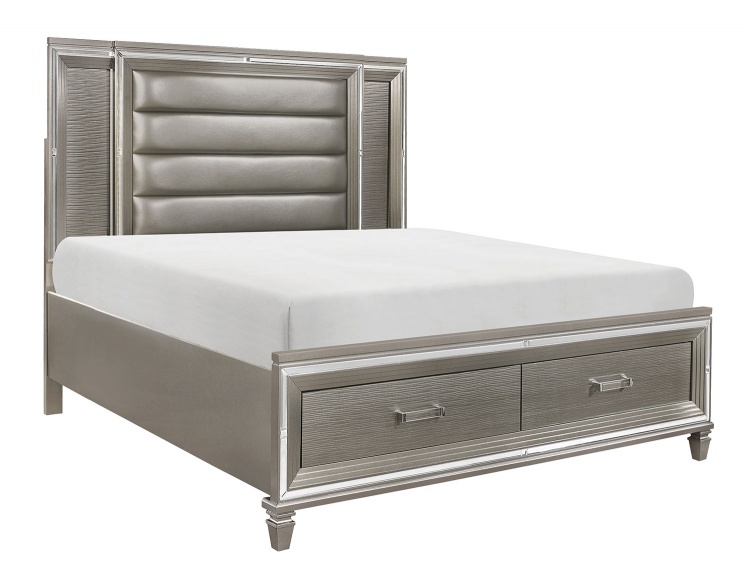 Tamsin Platform Bed with Footboard Storage and LED Lighting - Silver-Gray Metallic