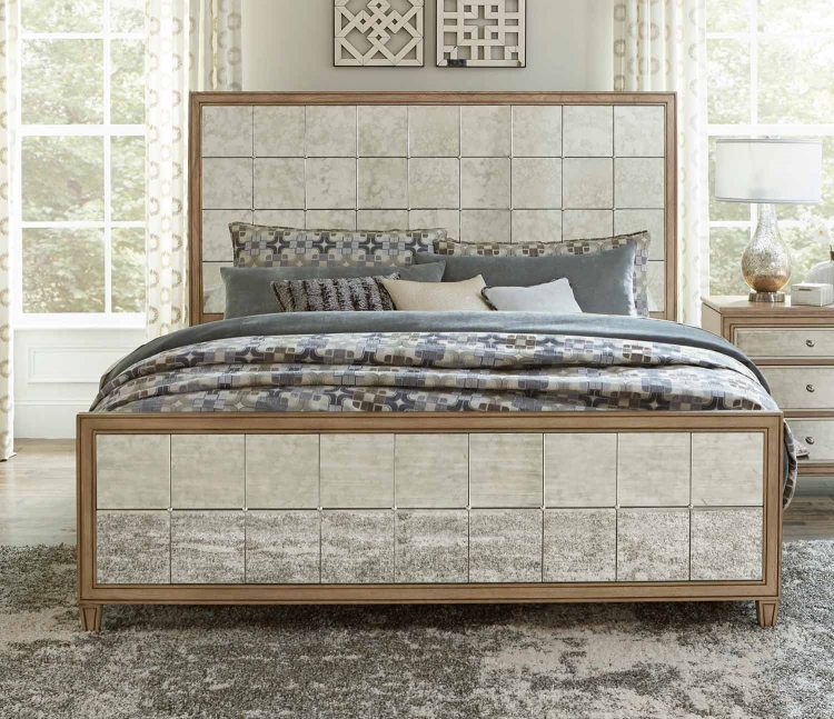 Kalette Panel Bed - Light Oak - Antiqued mirrored