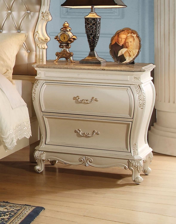 Chantelle Nightstand with Granite Top - Pearl White