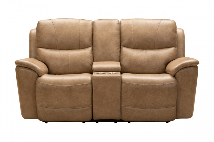 Kaden Power Reclining Console Loveseat with Power Head Rests and Lumbar - Elliott Taupe/Leather Match