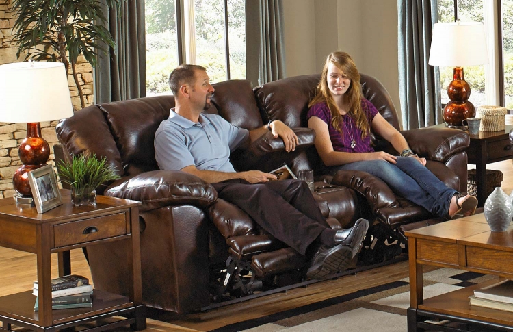 Foster Bonded Leather Lay Flat Reclining Console Loveseat with Storage, Cupholders, and X-tra Comfort Footrest - Havana