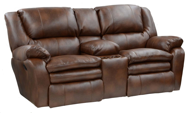 Russell Bonded Leather Lay Flat Reclining Console Loveseat with Storage and Cupholders - Tobacco