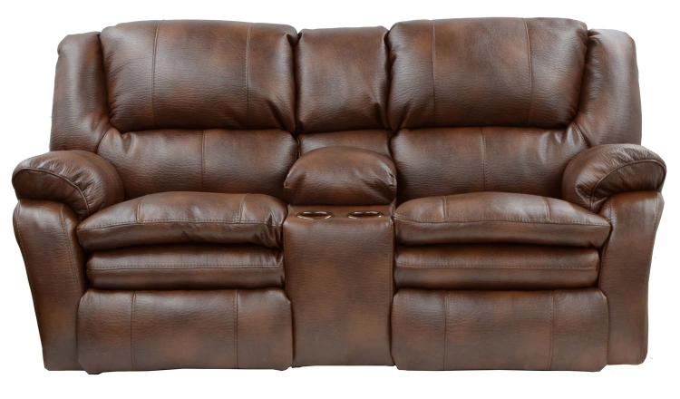 Russell Bonded Leather Power Lay Flat Reclining Console Loveseat with Storage and Cupholders - Tobacco