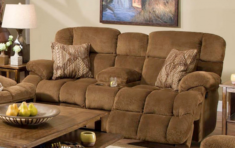 Concord Lay-Flat Reclining Console Loveseat. with Storage and Cupholders - Pecan/Copper