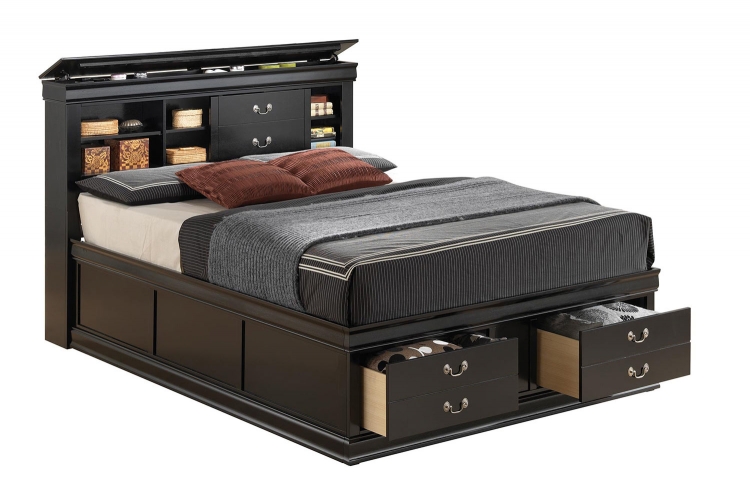 Louis Philippe Bookcase Storage Platform Bed - Black