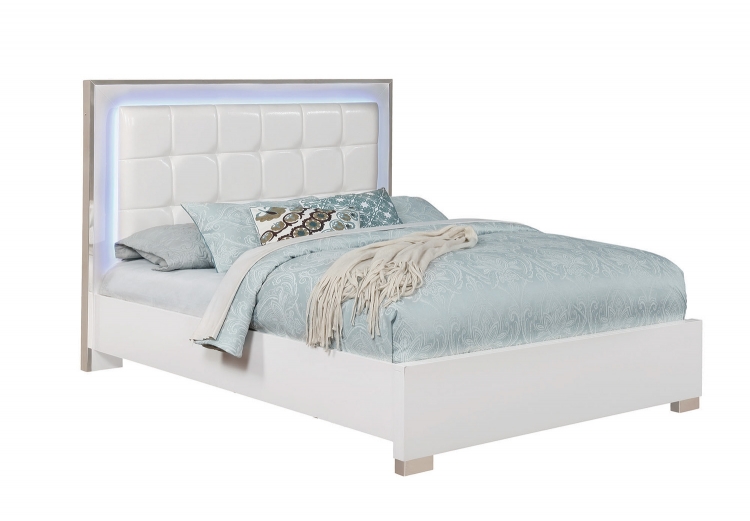 Traynor Upholstered Platform Bed with LED Lighting - Glossy White - White Leatherette