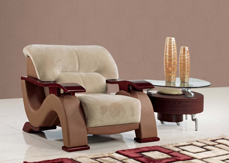 2033 Chair - Beige Fabric/Light Brown Vinyl/Mahogany Wood Legs