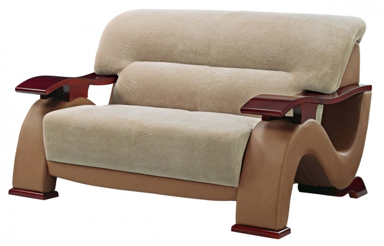 2033 Love Seat - Beige Fabric/Light Brown Vinyl/Mahogany Wood Legs