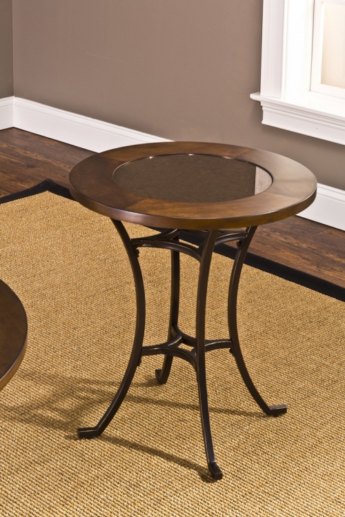 Montclair Round End Table - Wood Border with Mirrored Glass Top/ Metal - Copper Gold