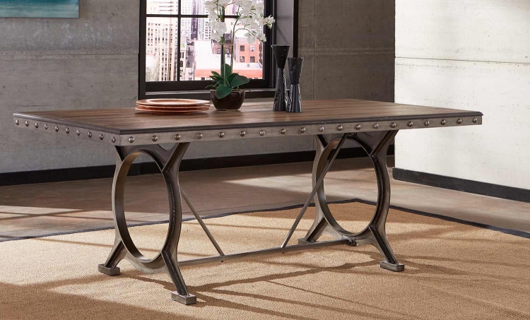 Paddock Rectangle Dining Table - Brushed Steel Metal/Distressed Brown