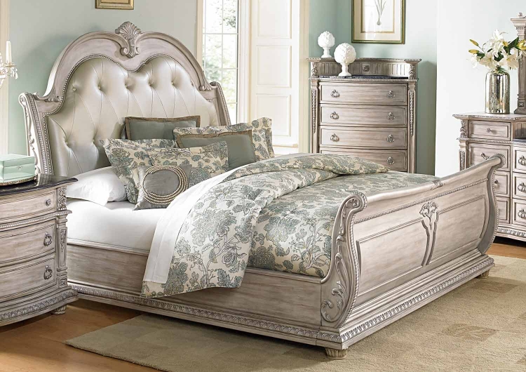 Palace II Upholstered Bed - Weathered White Rub-Through