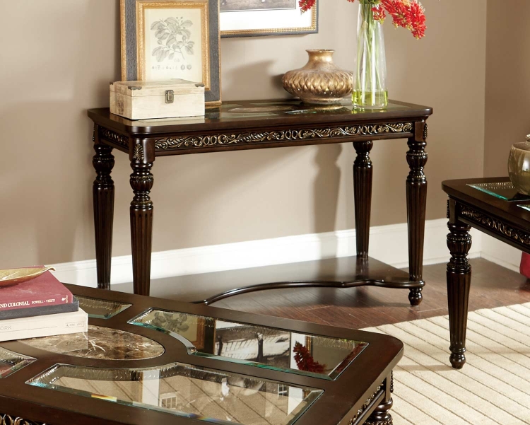 Russian Hill Sofa Table - Cherry with Glass Insert and Faux Marble Inlay