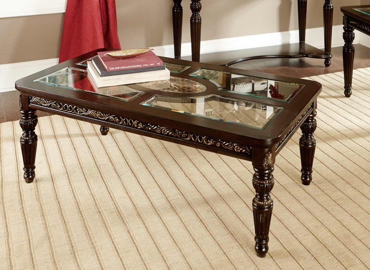 Russian Hill Cocktail/Coffee Table - Cherry with Glass Insert and Faux Marble Inlay
