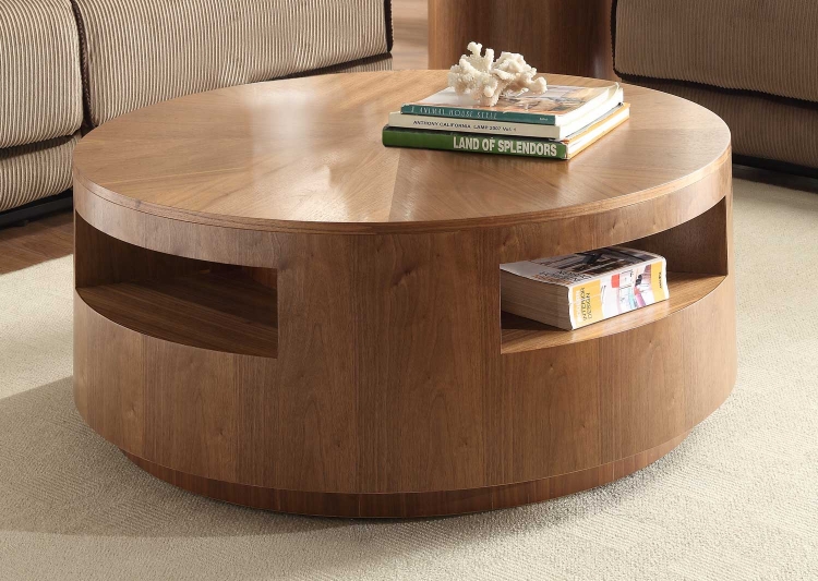 Aquinnan Round Coffee Table with Casters - Natural Walnut