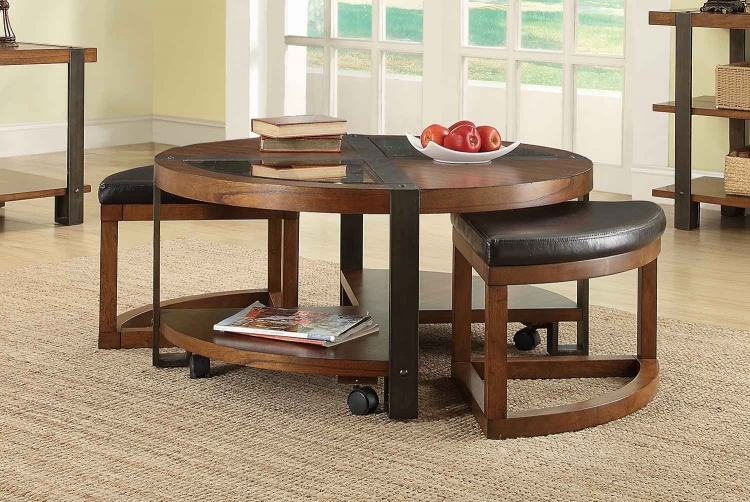 Northwood Round Cocktail/Coffee Table with 2 Ottomans on Casters - Natural Brown with Metal Banding