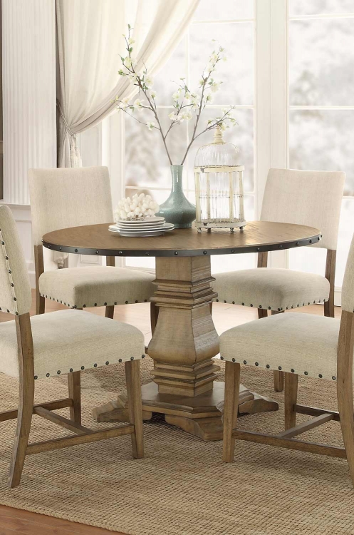 Veltry Round Pedestal Dining Table - Weathered Finish