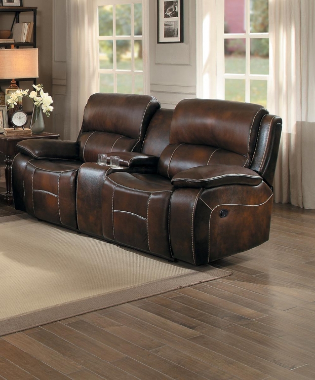 Mahala Double Reclining Love Seat with Center Console - Brown Top Grain Leather Match