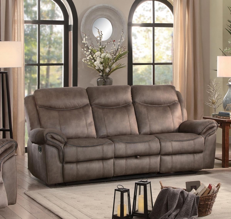 Aram Double Reclining Sofa with Drop-Down Table and Center Storage Drawer - Brown Fabric