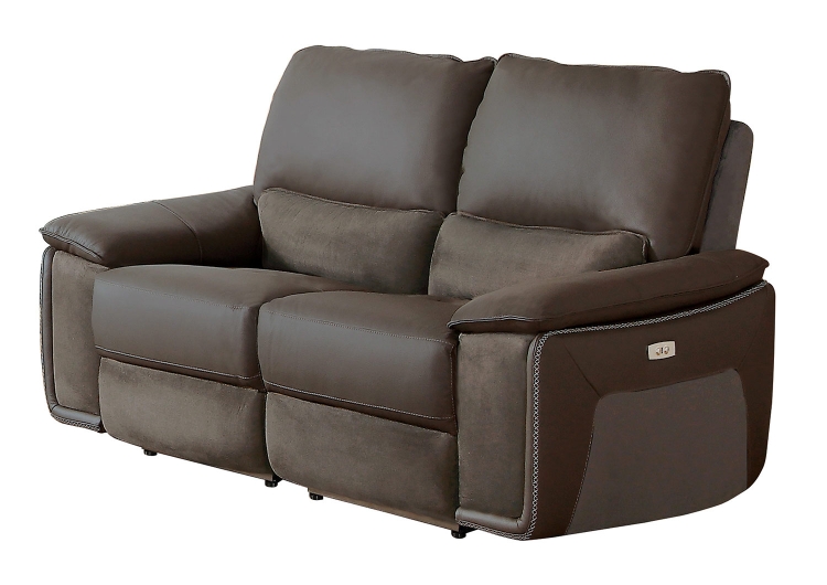 Corazon Power Double Reclining Love Seat - Navy Gray Top Grain Leather/Fabric