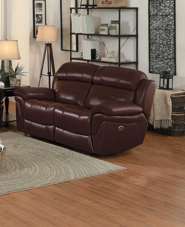 Spruce Power Double Reclining Love Seat - Brown Top Grain Leather Match