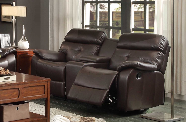 Evana Double Glider Reclining Love Seat with Center Console - Dark Brown Bonded Leather Match