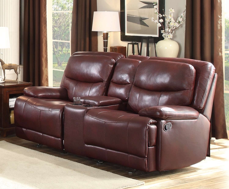 Risco Double Glider Reclining Love Seat with Center Console - Burgundy