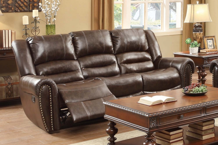 Center Hill Double Reclining Sofa- Dark Brown Bonded Leather Match