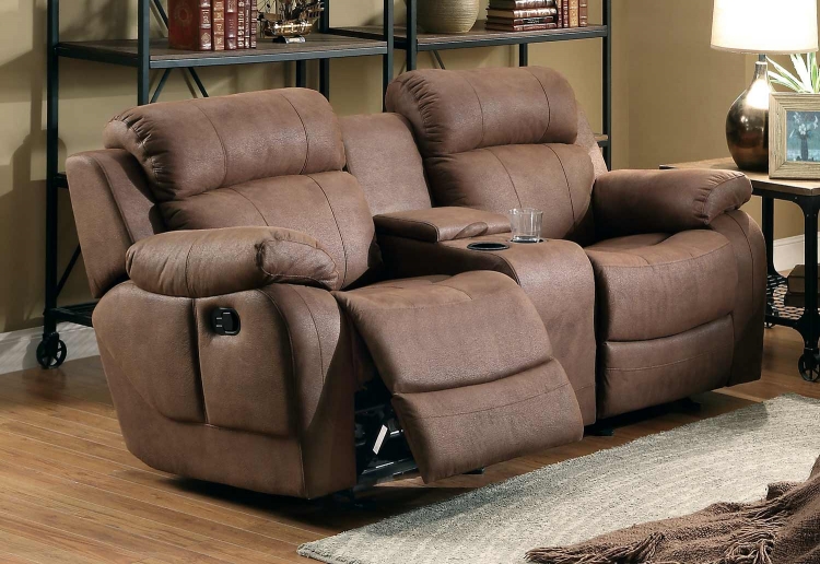 Marille Double Glider Reclining Love Seat with Center Console - Dark Brown