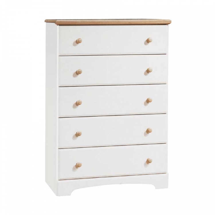 Summertime Pure White and Natural Maple 5 Drawer Chest