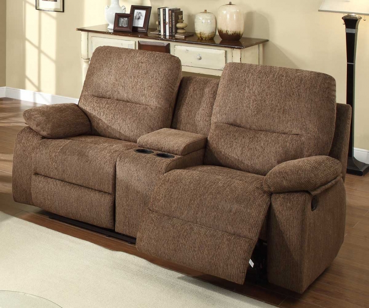 Marianna Double Reclining Love Seat with Center Console - Dark Brown Chenille