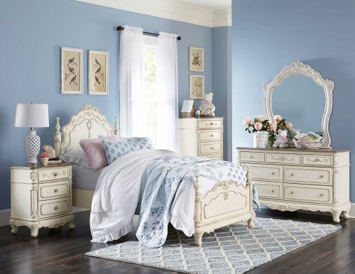 Cinderella Bedroom Set - Antique White with Gray Rub-Through