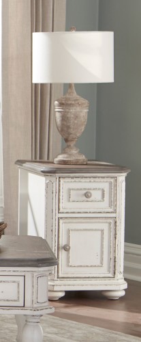 Willowick Chairside Table with Functional Drawer and Cabinet - Antique White Rub-Through/Brown Cherry Tops