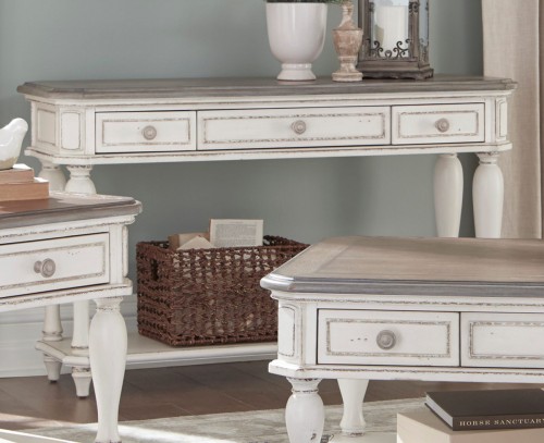 Willowick Sofa Table with Three Functional Drawers - Antique White Rub-Through/Brown Cherry Tops