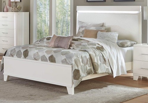 Kerren or Keren Upholstered Bed with LED Lighting - White High Gloss