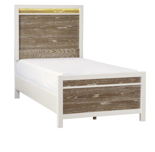 Renly Bed with LED Lighting - Natural Finish of Oak Veneer with White Framing