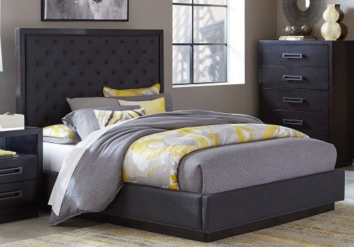 Larchmont Upholstered Bed - Charcoal Finish over Ash Veneer