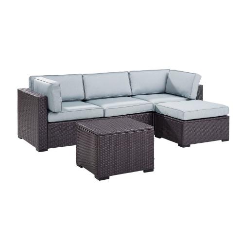 Biscayne 4-PC Outdoor Wicker Sectional Set - Loveseat, Corner Chair, Ottoman, Coffee Table - Mist/Brown