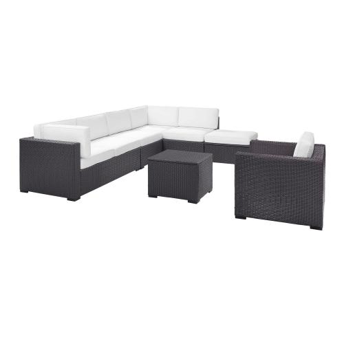 Crosley Biscayne 6-PC Outdoor Wicker Sectional Set - 2 Loveseats, Armless Chair, Arm Chair, Coffee Table, Ottoman - White/Brown