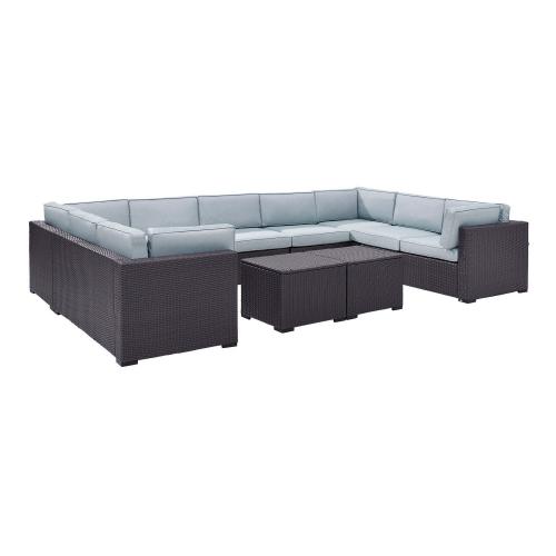 Biscayne 7-PC Outdoor Wicker Sectional Set - 4 Loveseats, Armless Chair, 2 Coffee Tables - Mist/Brown