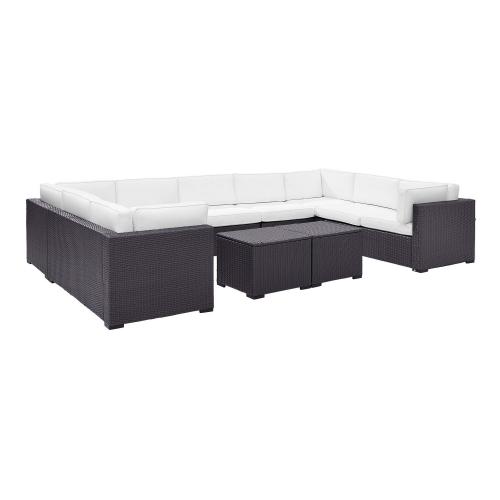 Biscayne 7-PC Outdoor Wicker Sectional Set - 4 Loveseats, Armless Chair, 2 Coffee Tables - White/Brown