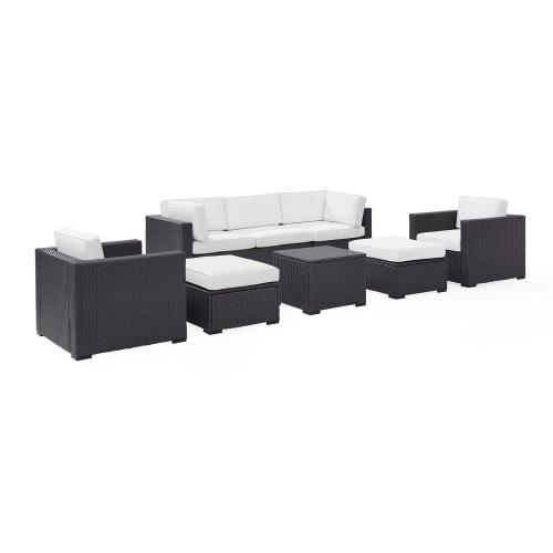 Biscayne 7-PC Outdoor Wicker Sectional Set - Loveseat, 2 Arm Chairs, Corner Chair, Coffee Table, 2 Ottomans - White/Brown