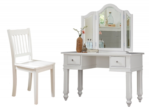 Lake House Writing Desk with Vanity Mirror and Chair - White