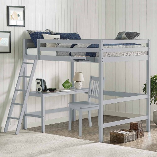 Caspian Full Loft Bed with Chair and Hanging Nightstand - Gray