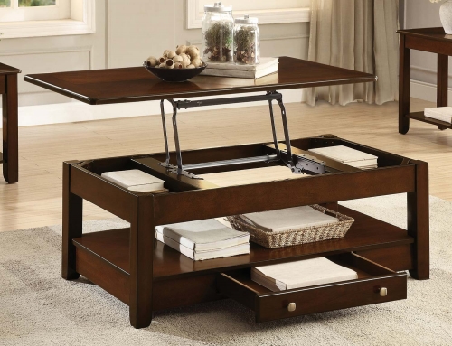 Ballwin Cocktail Table with Lift Top and Functional Drawer on Casters - Deep Cherry