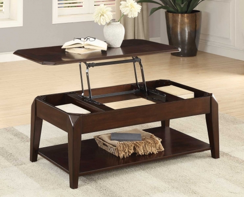 Sikeston Cocktail Table with Lift Top on Casters - Warm Cherry
